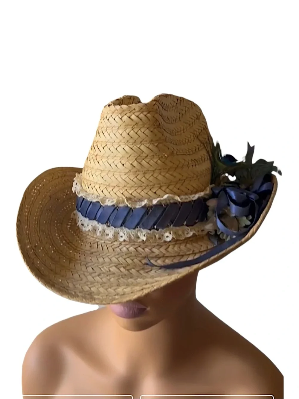 Embellished Straw Cowboy Hat Rustic Pinched Front Upturned Brim